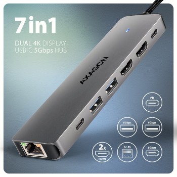Axagon HMC-7HX2 USB-C 5Gbps DUAL 4K DISPLAY 7in1 hub