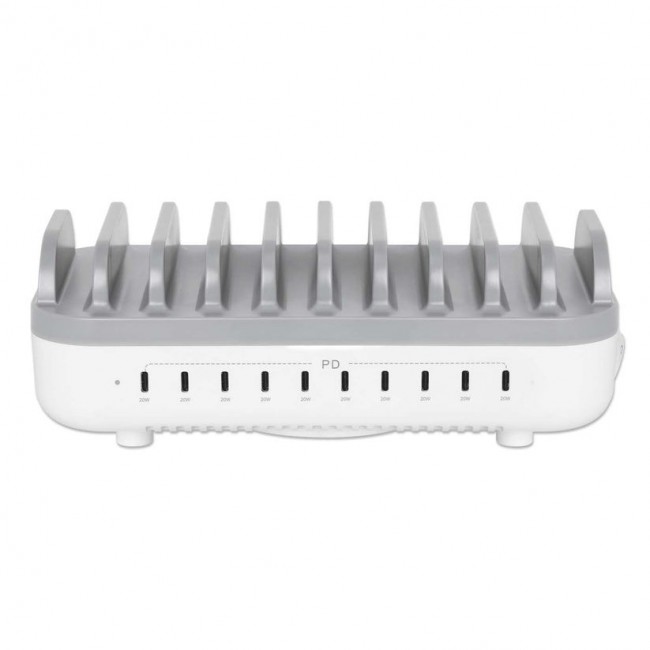 Manhattan 10-port USB-C Charging Station, USB-C Output: 10x 20W, Max 200W, Mains AC power (inc US/EU/UK adapters)