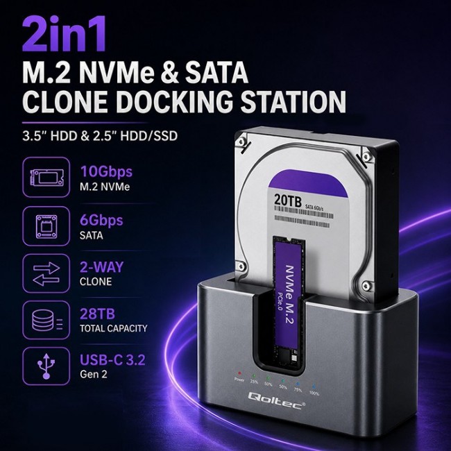 Qoltec 52631 HDD SSD doscking station | SATA | M.2 NVMe | cloning | USB-C | 10Gb/s | 28TB