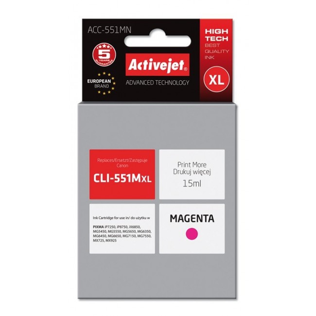 Activejet ACC-551MN Ink cartridge (replacement for Canon CLI-551M Supreme 15 ml magenta) Activejet ACC-551MN Ink cartridge (replacement for Canon CLI-551M Supreme 15 ml magenta)