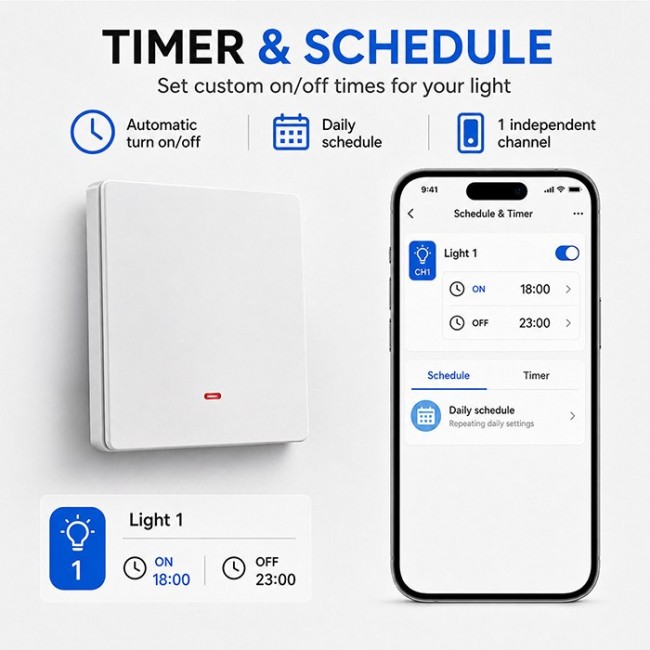 Qoltec 52719 Smart 1-Gang Light Switch | Wi-Fi | Timer | Tuya | Smart life | White