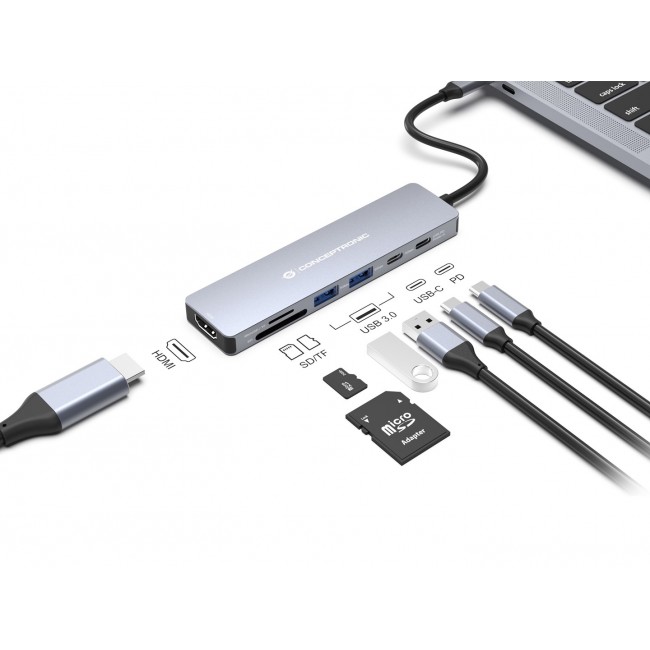 Conceptronic DONN28G 7-in-1 USB 3.2 Gen 1 Docking Station, 4K60Hz HDMI, USB-A 5Gbps x 2, USB-C 5Gbps, SD, TF/MicroSD, 100W USB PD