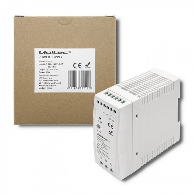 Qoltec Din Rail Power Supply | 60W | 12V | 5A | White | Slim