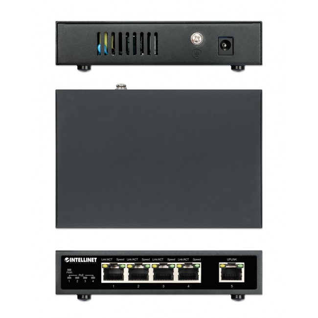 Intellinet 5-Port Gigabit Ethernet PoE+ Switch, Four PSE PoE Ports, IEEE 802.3at/af (PoE+/PoE) Compliant, PoE Power Budget up to 62 W, Desktop Format