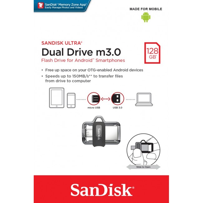 SanDisk Ultra Dual m3.0 USB flash drive 128 GB USB Type-A / Micro-USB 3.2 Gen 1 (3.1 Gen 1) Black, Silver, Transparent