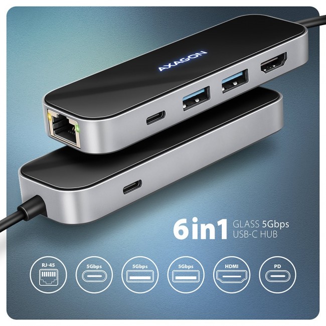 Axagon HMC-6GLN USB 5Gbps hub, 2x USB-A, USB-C, HDMI 4k/60Hz, RJ-45, PD 100W, USB-C cable
