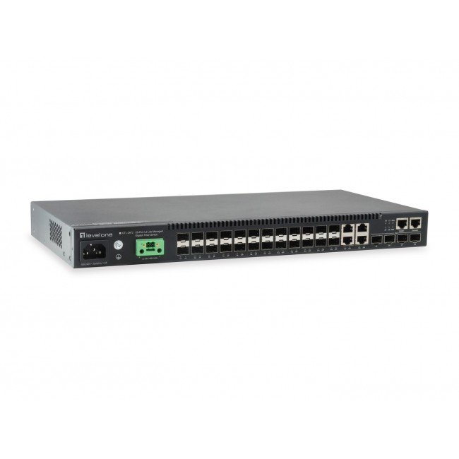 LevelOne KILBY 28-Port L3 Lite Managed Gigabit Fiber Switch, 4 x 10GbE SFP+, 4 x Gigabit SFP/RJ45 Combo LevelOne KILBY 28-Port L3 Lite Managed Gigabit Fiber Switch, 4 x 10GbE SFP+, 4 x Gigabit SFP/RJ45 Combo