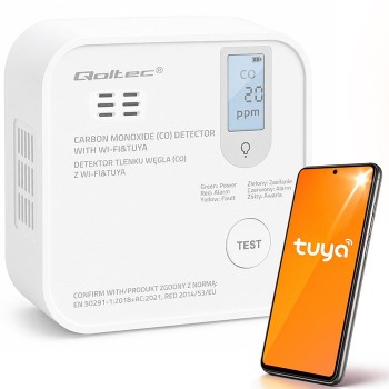 Qoltec Certyfikowany bezprzewodowy Czujnik tlenku węgla (czadu) z baterią | detektor CO | TUYA | Wi-fi | ywotno sensora 10 lat | alarm 85dB | LED