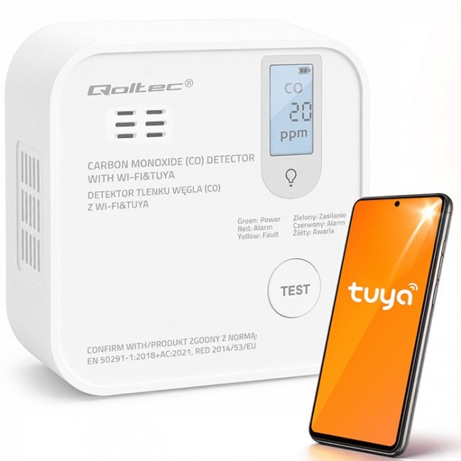 Qoltec Certyfikowany bezprzewodowy Czujnik tlenku węgla (czadu) z baterią | detektor CO | TUYA | Wi-fi | ywotno sensora 10 lat | alarm 85dB | LED