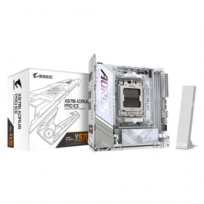 GIGABYTE X870I AORUS PRO ICE Motherboard - Supports AMD Ryzen 9000 Series CPUs, 8+2+1 phases VRM, up to 8400MHz DDR5 (OC), 1xPCIe 5.0 M.2 + 1xPCIe 4.0 M.2, WI-FI 7, 2,5GbE LAN, USB 4 GIGABYTE X870I AORUS PRO ICE Motherboard - Supports AMD Ryzen 9000 Series CPUs, 8+2+1 phases VRM, up to 8400MHz DDR5 (OC), 1xPCIe 5.0 M.2 + 1xPCIe 4.0 M.2, WI-FI 7, 2,5GbE LAN, USB 4