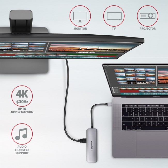 Axagon HMC-5 USB 3.2 Gen 1 hub, 2x USB-A, HDMI, SD/microSD, PD 100W, 20cm USB-C cable