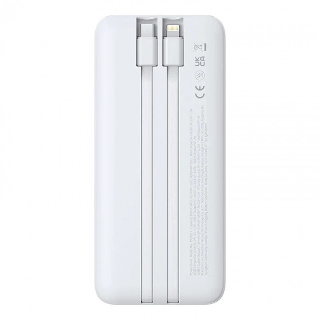 Baseus Lipow Power Bank 10000mAh 22.5W with Two Built-in Cables (with Baseus Simple USB-A - USB-C 3A 20cm Cable) - White