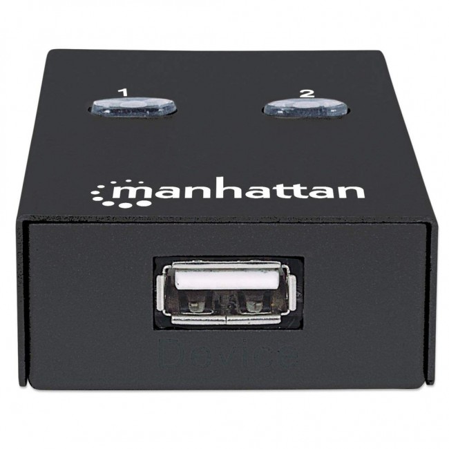 Manhattan USB-A Automatic Sharing Switch, 2x USB-B Ports, 480 Mbps (USB 2.0), Dual Control (Auto-Sensing or Manual), Bus Powered, Hi-Speed USB, inc 1x 1.5m USB-A to USB-B cable, Black, Three Year Warranty, Blister