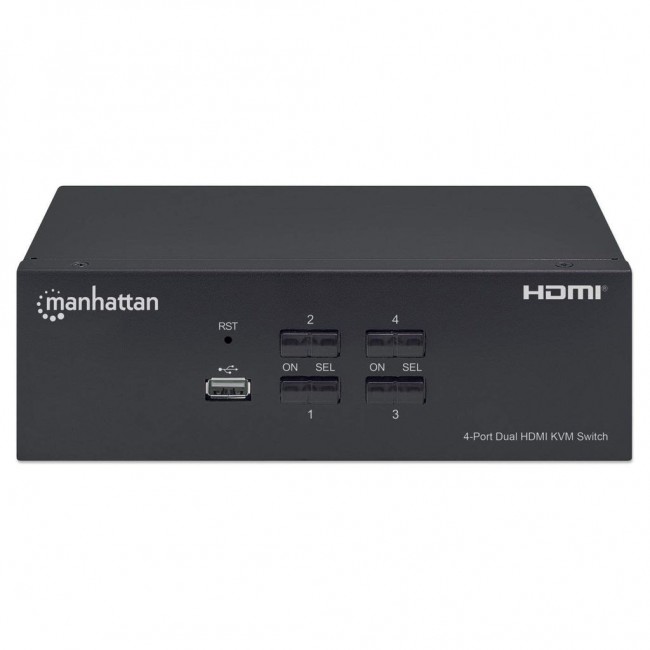 Manhattan HDMI KVM Switch 4-Port, 4K@30Hz, USB-A/3.5mm Audio/Mic Connections, Cables included, Audio Support, Control 4x computers from one pc/mouse/screen, USB Powered, Black, Three Year Warranty