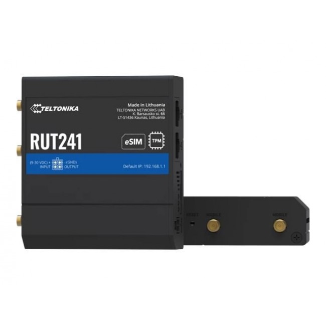 Teltonika RUT241 eSIM | Industrieller 4G-LTE-Router | Cat 4, 2x RJ45 100Mb/s, eSIM Cellular network router Teltonika RUT241 eSIM | Industrieller 4G-LTE-Router | Cat 4, 2x RJ45 100Mb/s, eSIM Cellular network router