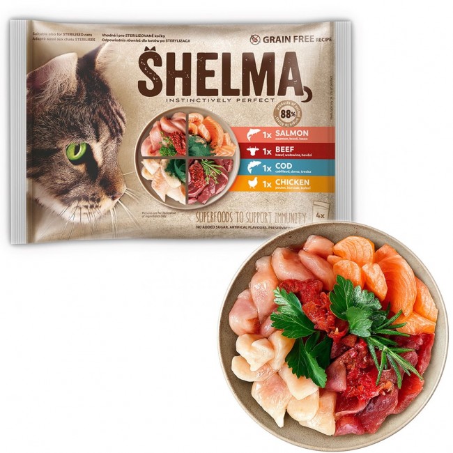 SHELMA Rich in salmon, cod, beef and chicken - wet cat food - 4x85g SHELMA Rich in salmon, cod, beef and chicken - wet cat food - 4x85g