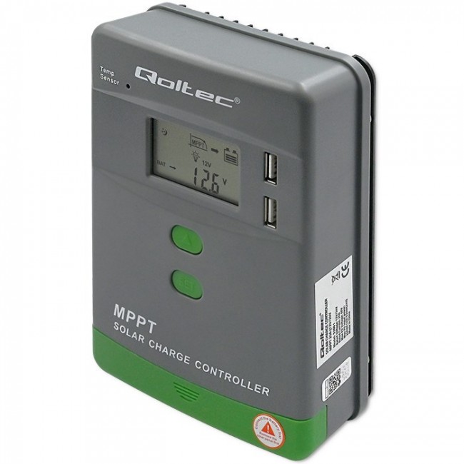 Qoltec Solar MPPT Charge Controller with Temperature Sensor 20A |12V/24V | LCD | 2 x USB Qoltec Solar MPPT Charge Controller with Temperature Sensor 20A |12V/24V | LCD | 2 x USB