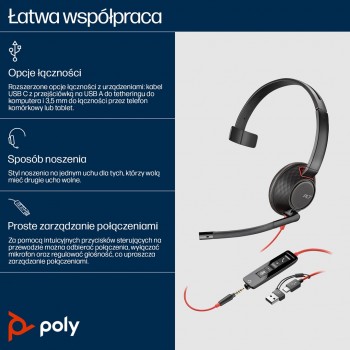 HP Poly Blackwire 5210 Monaural USB-C Headset +3.5mm Plug +USB-C/A Adapter