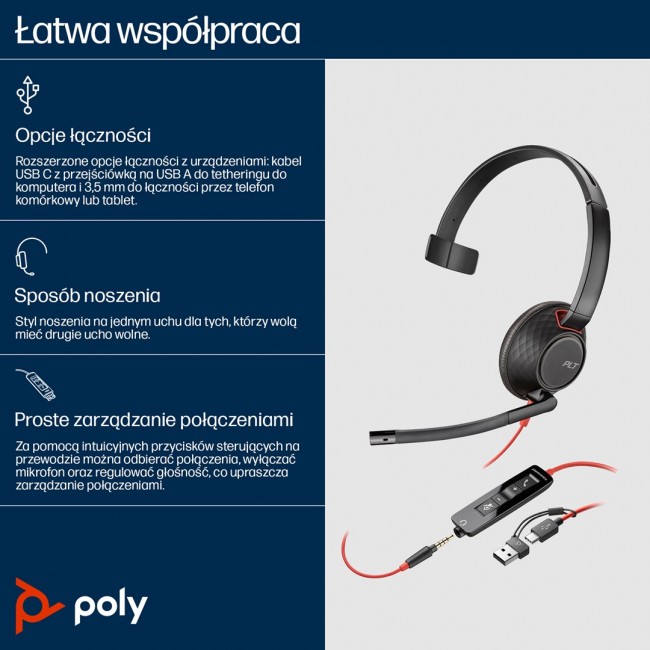 HP Poly Blackwire 5210 Monaural USB-C Headset +3.5mm Plug +USB-C/A Adapter