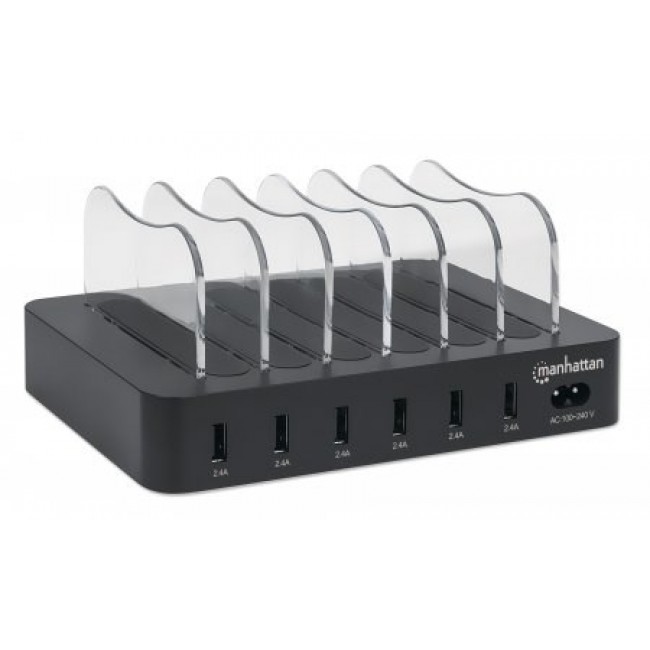 Manhattan Charging Station, 6x USB-A Ports, Outputs: 6x 2.4A, Smart IC, LED Indicator Lights, Black, Three Year Warranty