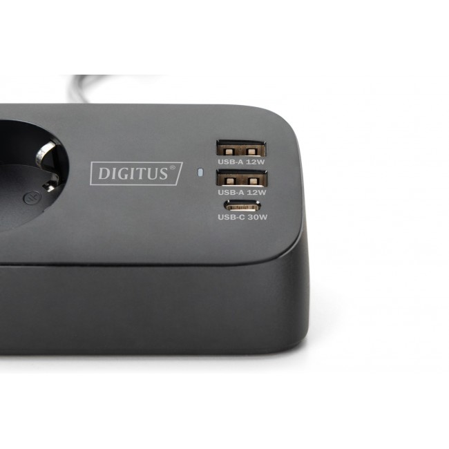 Digitus 3-way office socket strip with 2x USB-A and 1x USB-C connections, black