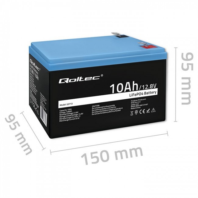 Qoltec 53713 LiFePO4 lithium iron phosphate battery | 12.8V | 10Ah | 1280Wh | BMS Qoltec 53713 LiFePO4 lithium iron phosphate battery | 12.8V | 10Ah | 1280Wh | BMS