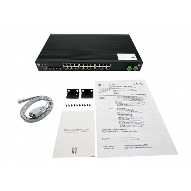 LevelOne 28-Port L2 Plus Managed PoE Industrial Switch, 4 x 1/2.5/10GbE SFP+, 24 PoE Outputs, 370W, 802.3AF/AT/BT PoE, 19 LevelOne 28-Port L2 Plus Managed PoE Industrial Switch, 4 x 1/2.5/10GbE SFP+, 24 PoE Outputs, 370W, 802.3AF/AT/BT PoE, 19