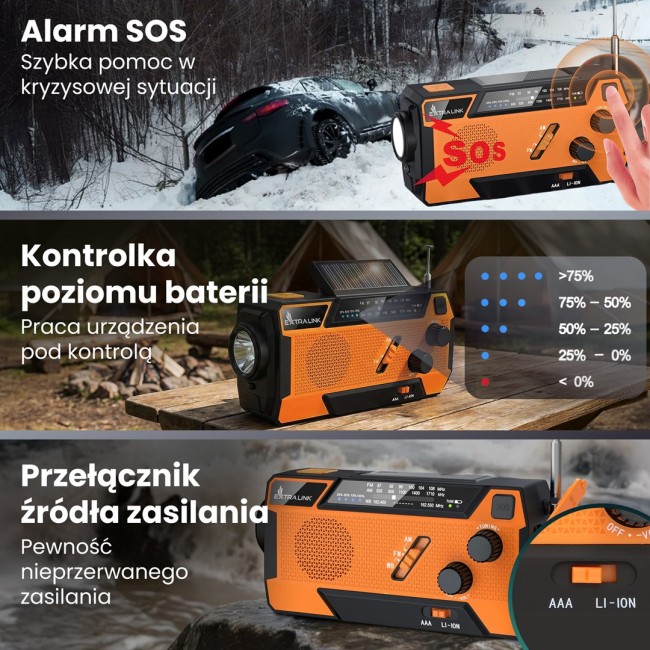 Extralink RADIO AWARYJNE SOLARNE Z KORBKA DYNAMO POWERBANK 4000MAH Z LATARKA SOS SR-4000 Portable Analog Black, Orange