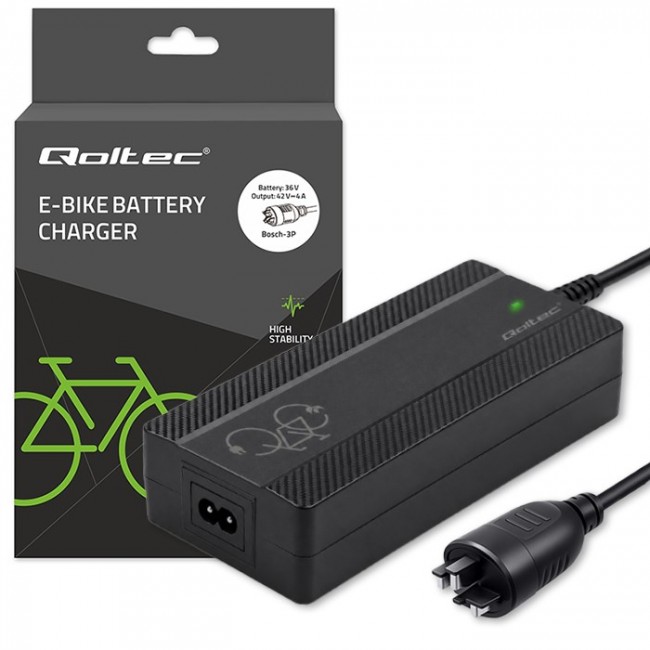 Qoltec Szybka adowarka do roweru skutera elektrycznego 36V | 42V | 4A |wtyczka Bosch + kabel zasilający