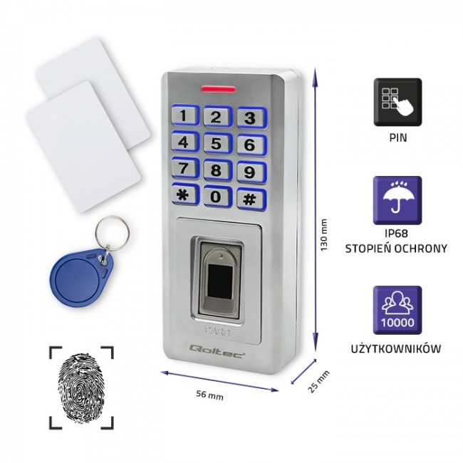 Qoltec 52447 Code lock OBERON with fingerprint reader | RFID | Code | Card | key fob | Doorbell | IP68 | EM