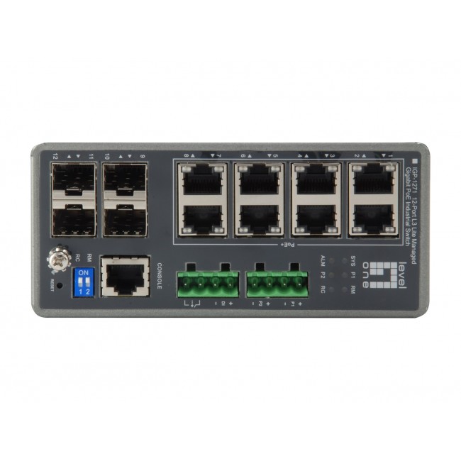 LevelOne TURING 12-Port L3 Lite Managed Gigabit Industrial Switch, 8 PoE Outputs, 240W, 802.3at/af PoE, 4 x SFP, -40 C to 75 C