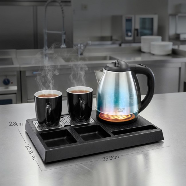 Adler AD 1354 Hotel kettle stainless steel 1.2 L + tray with cups black, steel