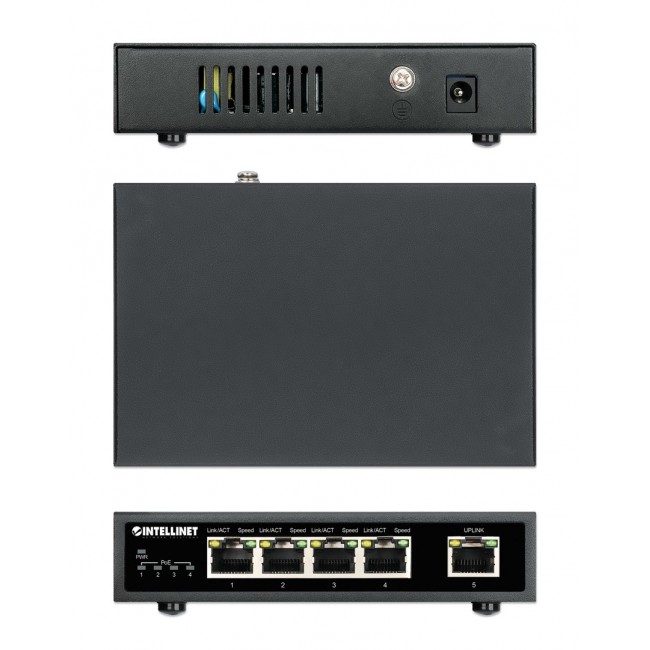 Intellinet 5-Port Gigabit Ethernet PoE+ Switch, Four PSE PoE Ports, IEEE 802.3at/af (PoE+/PoE) Compliant, PoE Power Budget up to 62 W, Desktop Format Intellinet 5-Port Gigabit Ethernet PoE+ Switch, Four PSE PoE Ports, IEEE 802.3at/af (PoE+/PoE) Compliant, PoE Power Budget up to 62 W, Desktop Format