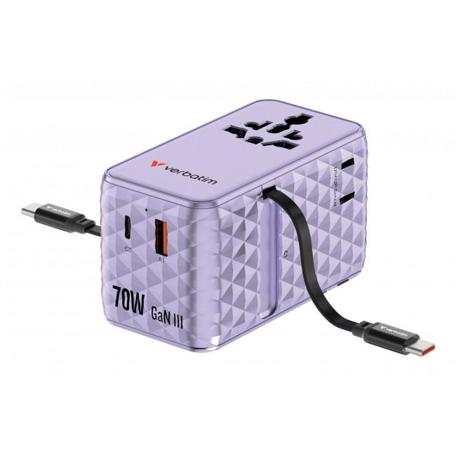 Verbatim Charge 'n' Travel 70W 2C retractable Universal Travel Adapter Purple