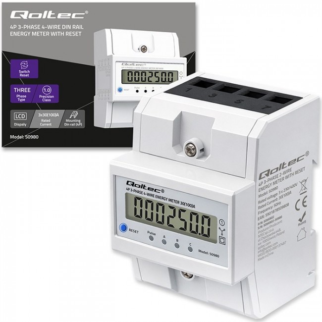 Qoltec 50980 Three-phase electronic meter with reset | DIN rail energy consumption meter | 400V | 100A | LCD | LED | 4P