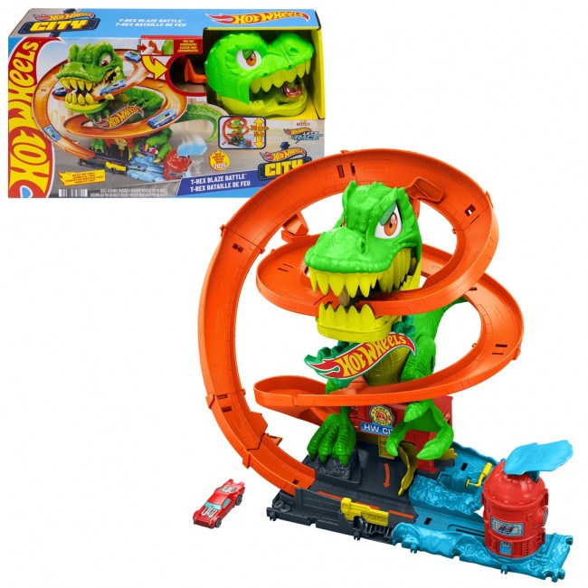 Hot Wheels City T-Rex Blaze Battle Playset & 1:64 Scale Die-Cast Car, Dinosaur Nemesis Hot Wheels City T-Rex Blaze Battle Playset & 1:64 Scale Die-Cast Car, Dinosaur Nemesis