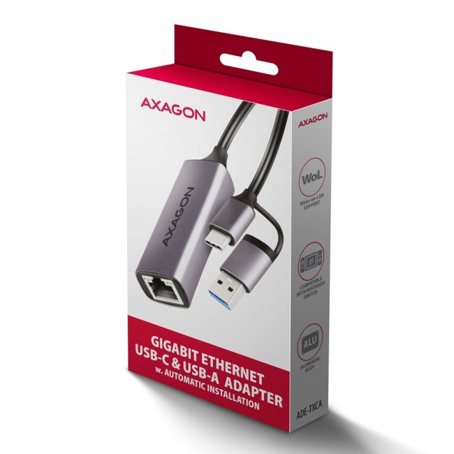 AXAGON ADE-TXCA Gigabit Ethernet Adapter, USB-C + USB-A - Titanium Grey AXAGON ADE-TXCA Gigabit Ethernet Adapter, USB-C + USB-A - Titanium Grey
