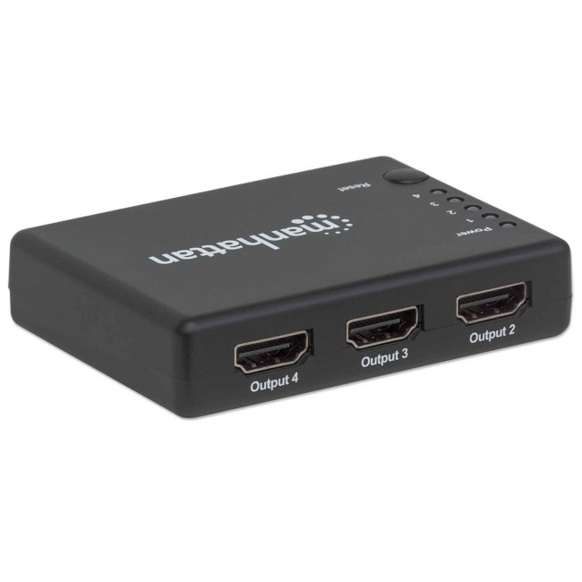 Manhattan HDMI Splitter 4-Port (Compact), 4K@30Hz, Displays output from x1 HDMI source to x4 HD displays (same output to four displays), AC Powered (cable 0.7m), Black, Three Year Warranty