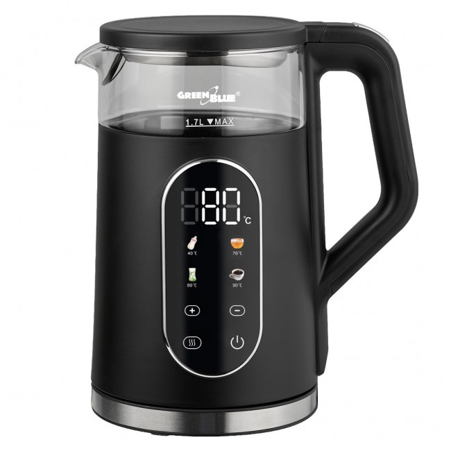 GreenBlue Cordless Electric Kettle, 1.7 L capacity, glass water tank, easy-to-read display, temperature selection, 2200 W, GB670 B