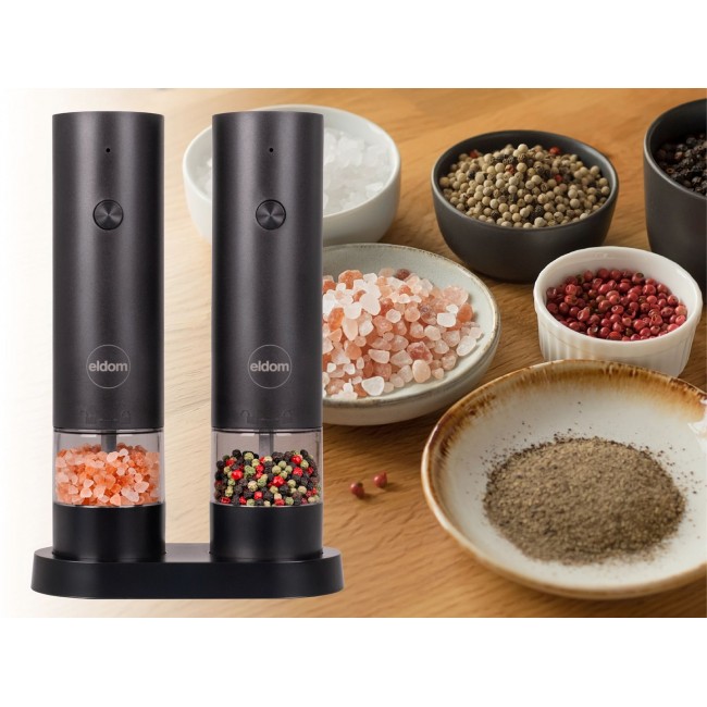 ELDOM ZMP5 BATTERY-POWERED PEPPER AND SALT GRINDER SET WITH STAND, BLACK
