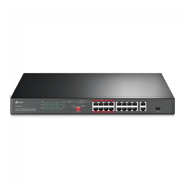 TP-Link 16-Port 10/100 Mbps + 2-Port Gigabit Rackmount PoE Switch with 16-Port PoE+ TP-Link 16-Port 10/100 Mbps + 2-Port Gigabit Rackmount PoE Switch with 16-Port PoE+