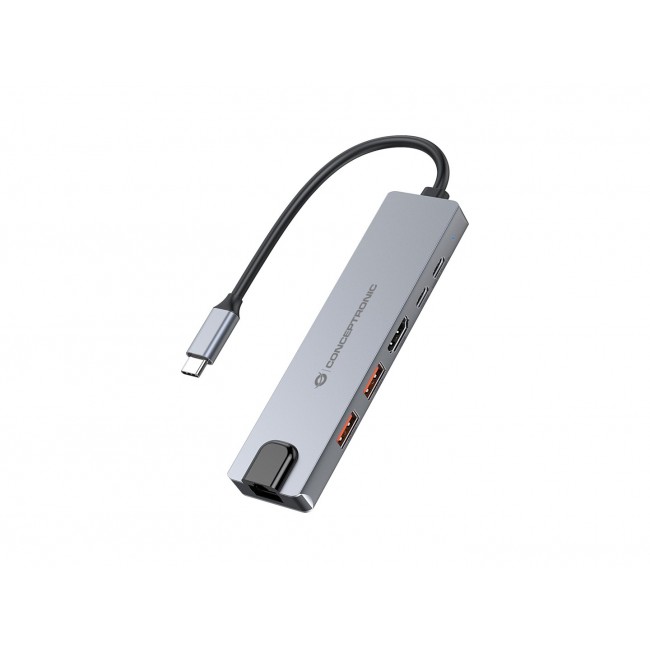 Conceptronic DONN29G 6-in-1 USB 3.2 Gen 2 Docking Station, 4K60Hz HDMI, USB-A 10Gbps x 2, USB-C 10Gbps, GbE LAN, 140W USB PD 3.1