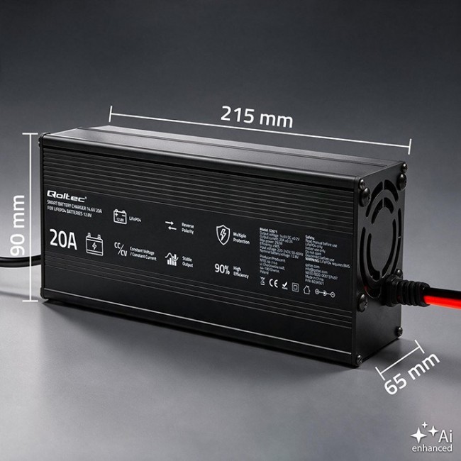Qoltec Specjalistyczna adowarka do akumulatora LiFePO4 12V | 20A | PF 0.9 | LED | Inteligentne adowanie