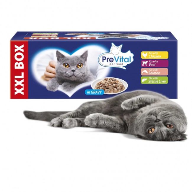 PREVITAL XXL BOX Flavor Mix with Chicken, Veal, Salmon, and Liver in Gravy - Wet Cat Food - 48 x 100g PREVITAL XXL BOX Flavor Mix with Chicken, Veal, Salmon, and Liver in Gravy - Wet Cat Food - 48 x 100g