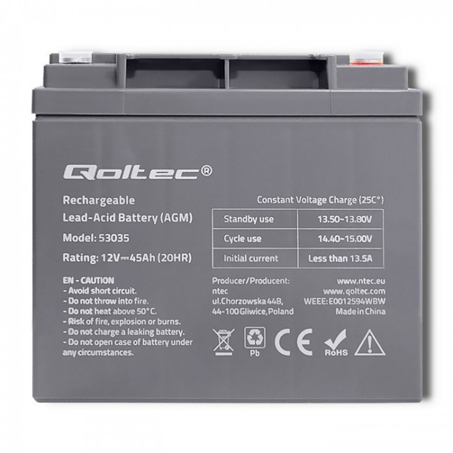 Qoltec 53035 AGM battery | 12V | 45Ah | max 540A Qoltec 53035 AGM battery | 12V | 45Ah | max 540A