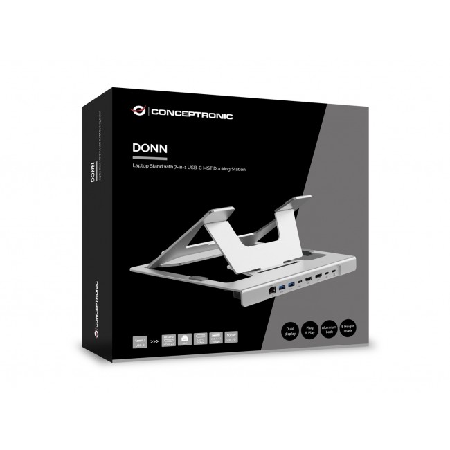 Conceptronic DONN35S Laptop Stand with 7-in-1 USB-C Docking Station, HDMI 4K60Hz x 2, GbE, USB-C 5Gbps, USB-A 5Gbps x 2, 100W USB PD Conceptronic DONN35S Laptop Stand with 7-in-1 USB-C Docking Station, HDMI 4K60Hz x 2, GbE, USB-C 5Gbps, USB-A 5Gbps x 2, 100W USB PD