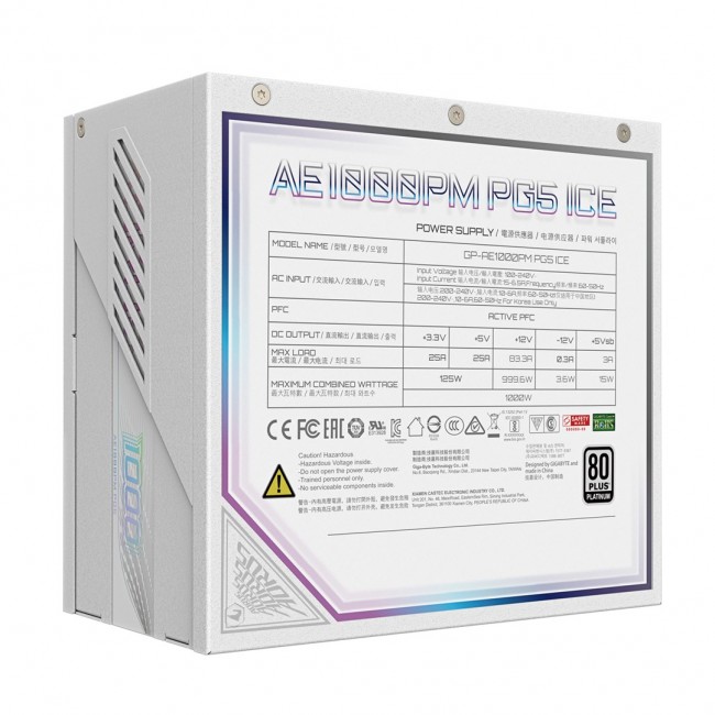 GIGABYTE AORUS ELITE P1000W ICE Power Supply Unit - PCIe 5.0, 80 PLUS Platinum, Fully modular design, 120mm Fan, ATX 3.0 compatible, EU Plug GIGABYTE AORUS ELITE P1000W ICE Power Supply Unit - PCIe 5.0, 80 PLUS Platinum, Fully modular design, 120mm Fan, ATX 3.0 compatible, EU Plug