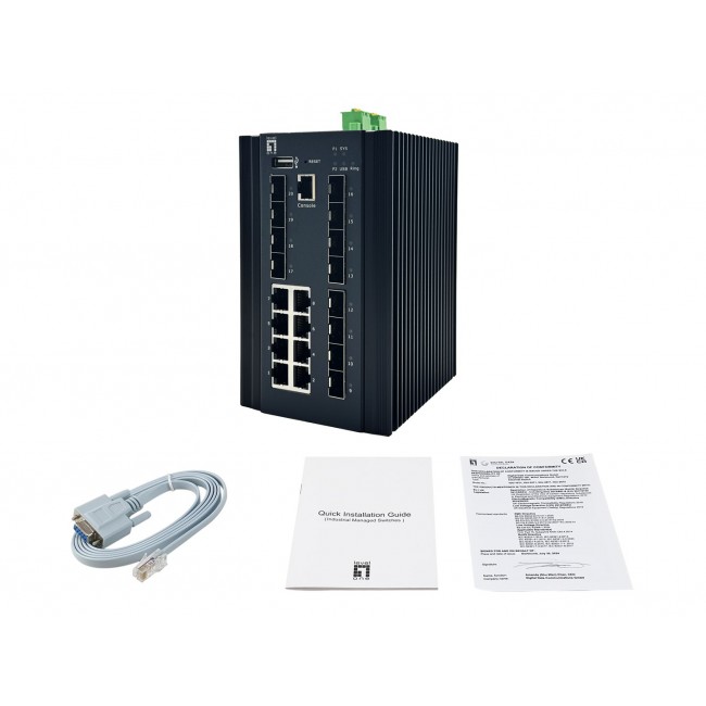 LevelOne 20-Port L2 Plus Managed Industrial Switch, 8 x 1GbE RJ45, 8 x 1GbE SFP, 4 x 1/2.5GbE SFP, DIN-Rail, -40 C to 80 C
