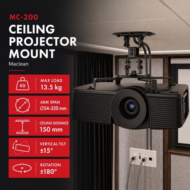 Maclean Ceiling Mount/Hanger for Projectors, 54 320 mm, up to 13.5 kg, 360-degree rotation, MC-200 B