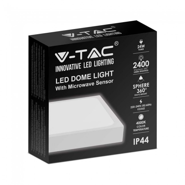 Plafond V-TAC VT-8624SW-SQ surface-mounted 24W LED IP44 30x30cm motion detector 4000K 2400lm (SKU 7667) White Plafond V-TAC VT-8624SW-SQ surface-mounted 24W LED IP44 30x30cm motion detector 4000K 2400lm (SKU 7667) White